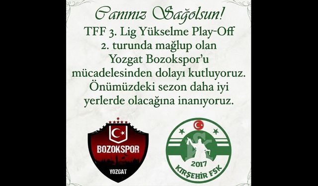 Kırşehir FSK’dan Yozgat Bozokspor’a Destek Mesajı
