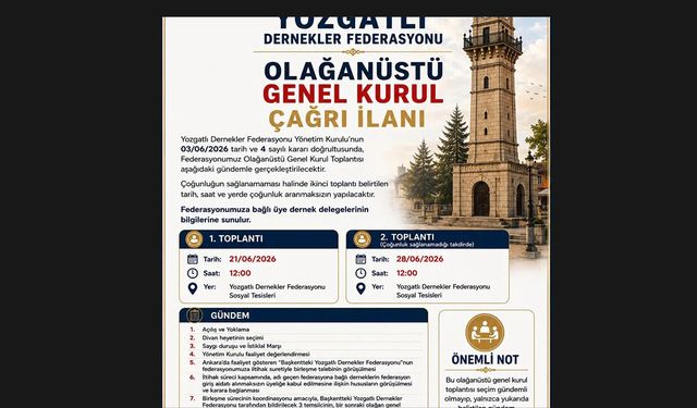 Yozgatlı Dernekler Federasyonu Tarihi Birleşme İçin Olağanüstü Toplanıyor